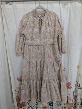 Chico's US 12 Beige Eyelet Embroidered Tiered Midi Dress Boho Cottagecore